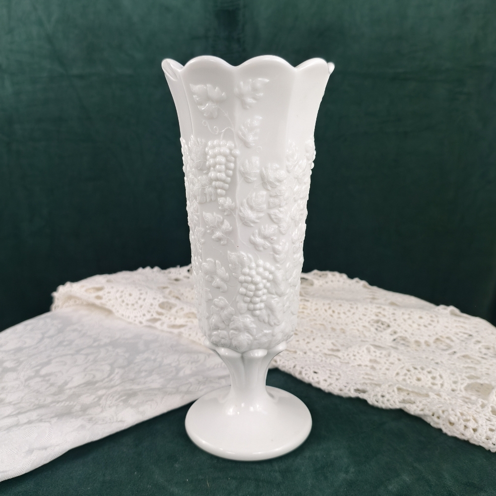 Vintage Tall Milk Glass Grape Vines Footed Vase